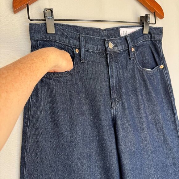 Gap Mid Rise UltraSoft Baggy Rinsed Dark Blue Denim Wide Leg Jeans Size 27 Long - Picture 7 of 12